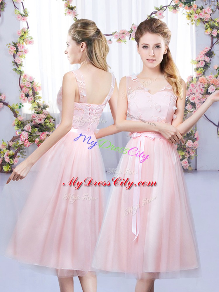 Cute Baby Pink V-neck Lace Up Lace and Belt Quinceanera Court of Honor Dress Sleeveless