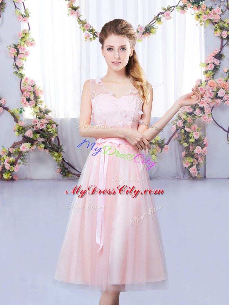 Cute Baby Pink V-neck Lace Up Lace and Belt Quinceanera Court of Honor Dress Sleeveless