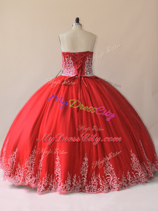 Ball Gowns Ball Gown Prom Dress Red Sweetheart Tulle Sleeveless Floor Length Lace Up