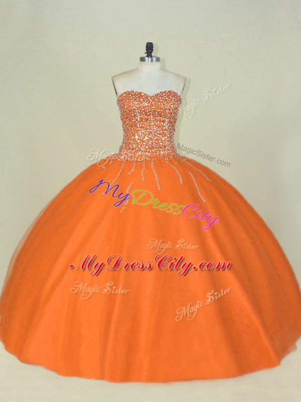 Orange Mermaid Beading 15 Quinceanera Dress Lace Up Tulle Sleeveless Floor Length