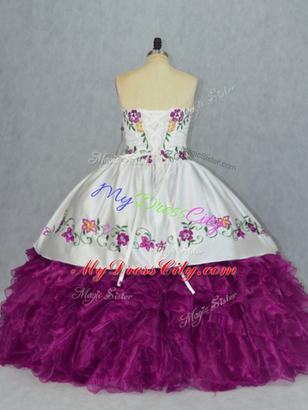 Sweetheart Sleeveless Ball Gown Prom Dress Floor Length Embroidery and Ruffles Fuchsia Organza