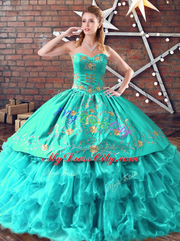 Admirable Aqua Blue Sweetheart Lace Up Embroidery and Ruffled Layers 15th Birthday Dress Sleeveless