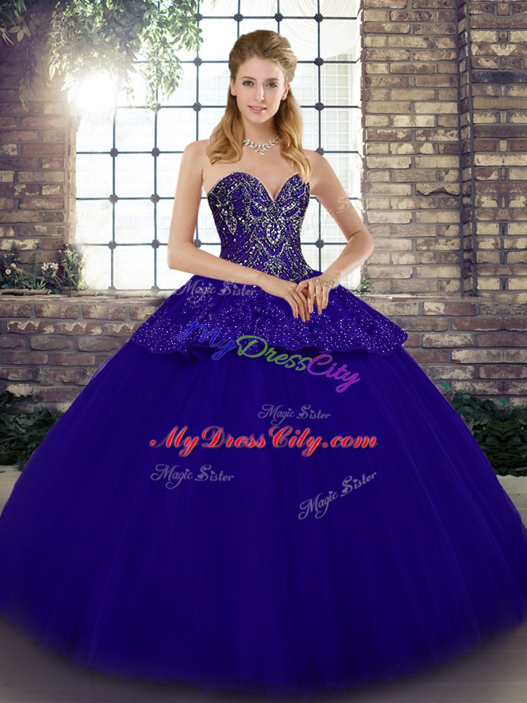 Adorable Blue Ball Gowns Beading and Appliques 15 Quinceanera Dress Lace Up Tulle Sleeveless Floor Length