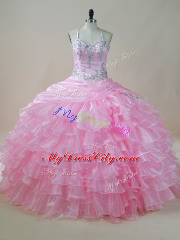 Halter Top Sleeveless Organza Quinceanera Dress Embroidery and Ruffled Layers Lace Up