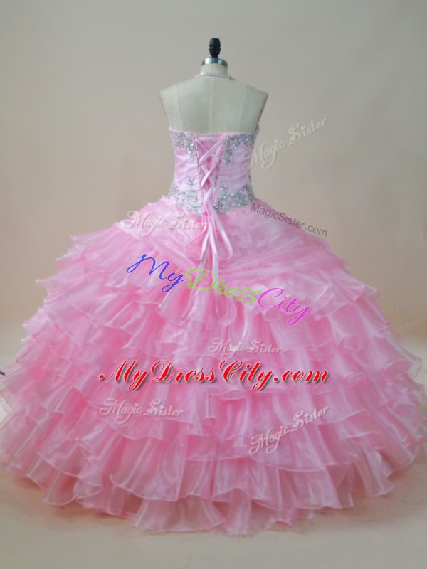 Halter Top Sleeveless Organza Quinceanera Dress Embroidery and Ruffled Layers Lace Up