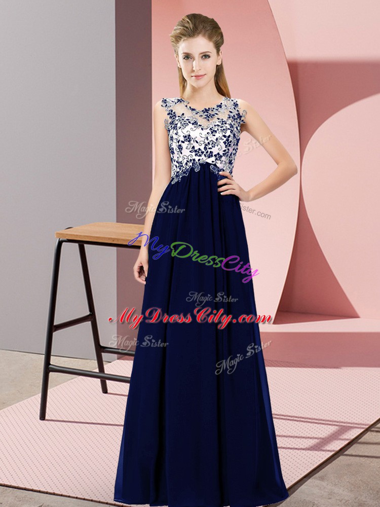Extravagant Royal Blue Chiffon Zipper Scoop Sleeveless Floor Length Dama Dress for Quinceanera Beading and Appliques