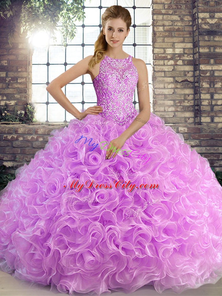 Lilac Ball Gowns Beading Sweet 16 Dresses Lace Up Fabric With Rolling Flowers Sleeveless Floor Length