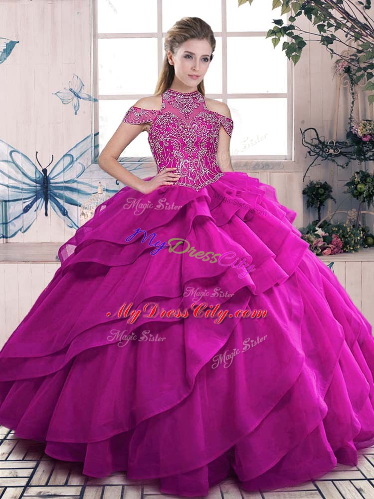 Inexpensive Fuchsia Ball Gowns Beading and Ruffled Layers 15 Quinceanera Dress Lace Up Organza Sleeveless Floor Length
