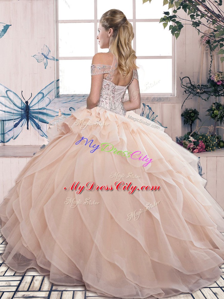 Inexpensive Fuchsia Ball Gowns Beading and Ruffled Layers 15 Quinceanera Dress Lace Up Organza Sleeveless Floor Length