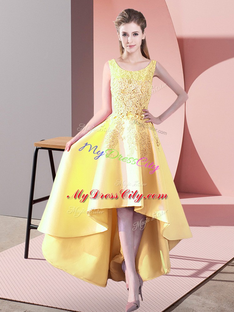 Best Selling Yellow Sleeveless High Low Lace Zipper Bridesmaid Dress