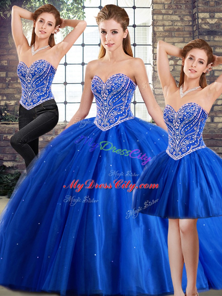 Blue Sleeveless Beading Lace Up Quinceanera Gown