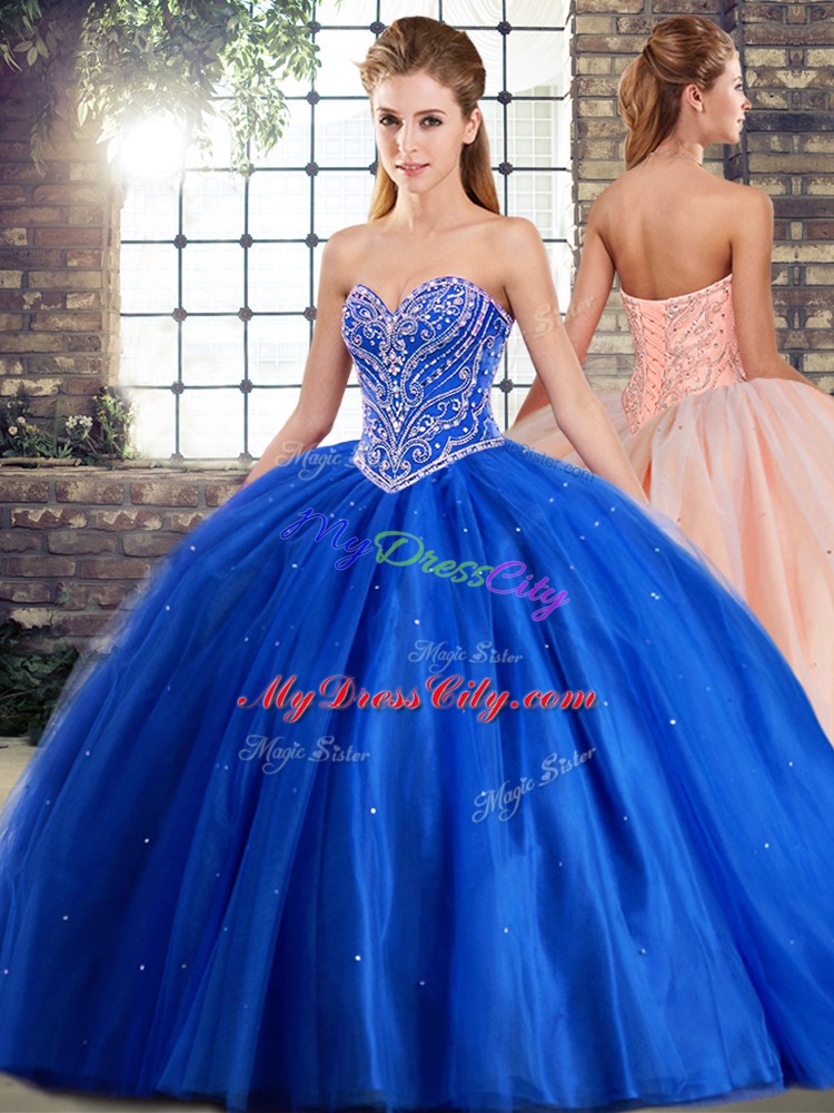 Blue Sleeveless Beading Lace Up Quinceanera Gown