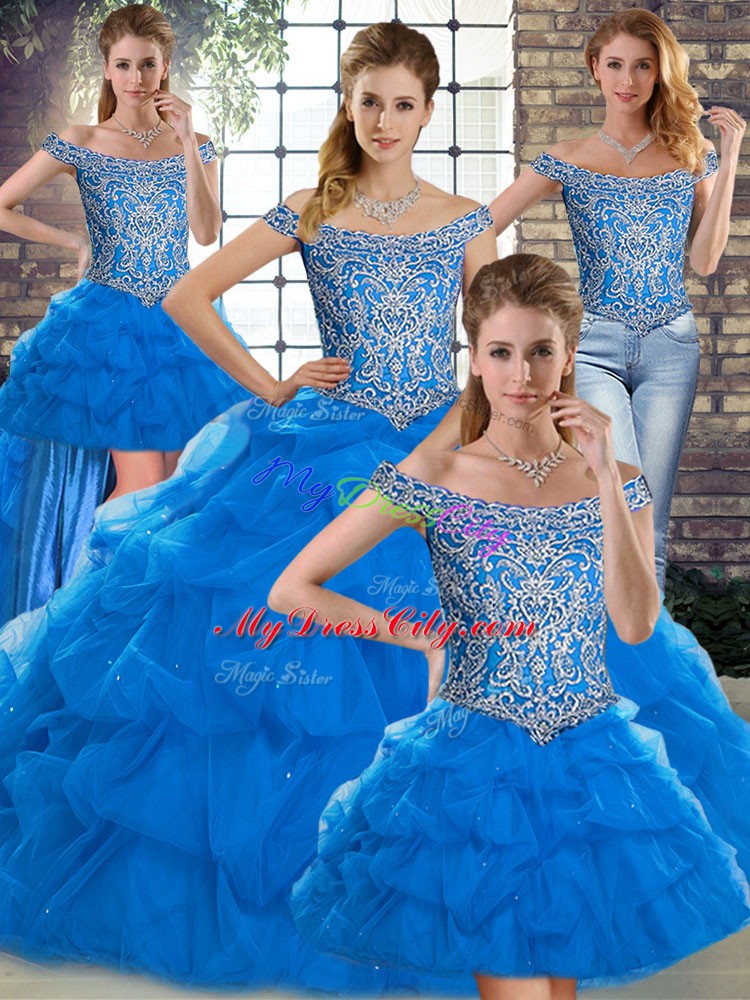Blue Ball Gowns Beading and Pick Ups Ball Gown Prom Dress Lace Up Tulle Sleeveless