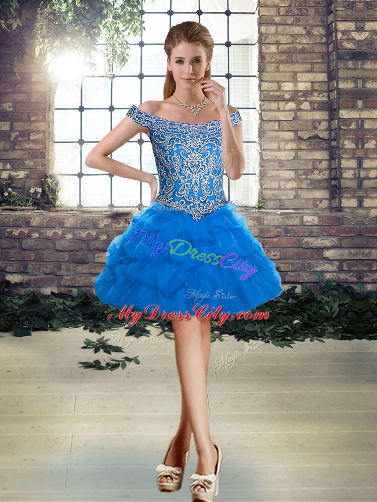 Blue Ball Gowns Beading and Pick Ups Ball Gown Prom Dress Lace Up Tulle Sleeveless