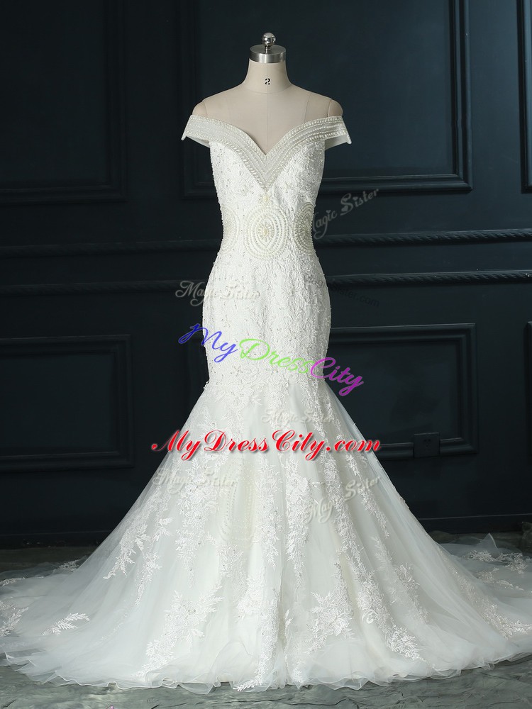 White Wedding Gowns Organza Court Train Sleeveless Beading and Lace