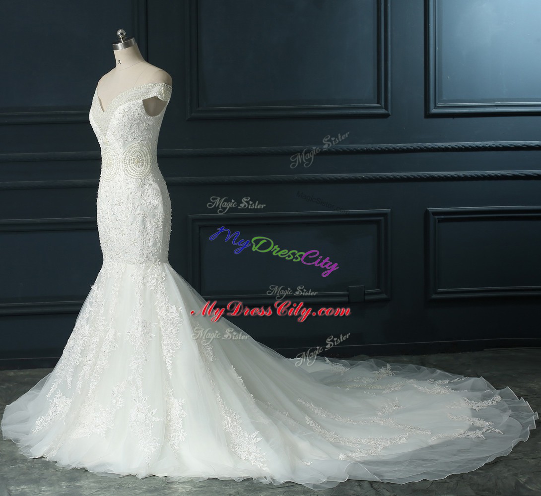 White Wedding Gowns Organza Court Train Sleeveless Beading and Lace