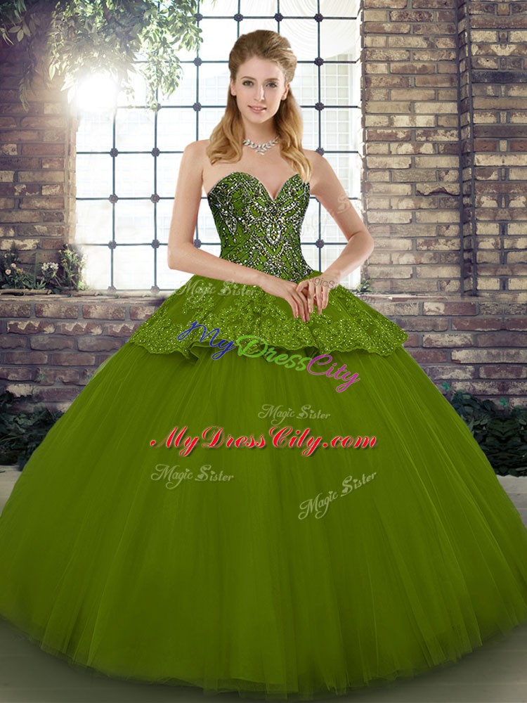 Top Selling Sleeveless Floor Length Beading and Appliques Lace Up Sweet 16 Dresses with Olive Green