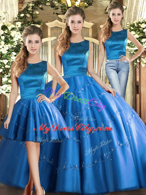 Blue Lace Up Quinceanera Dress Appliques Sleeveless Floor Length