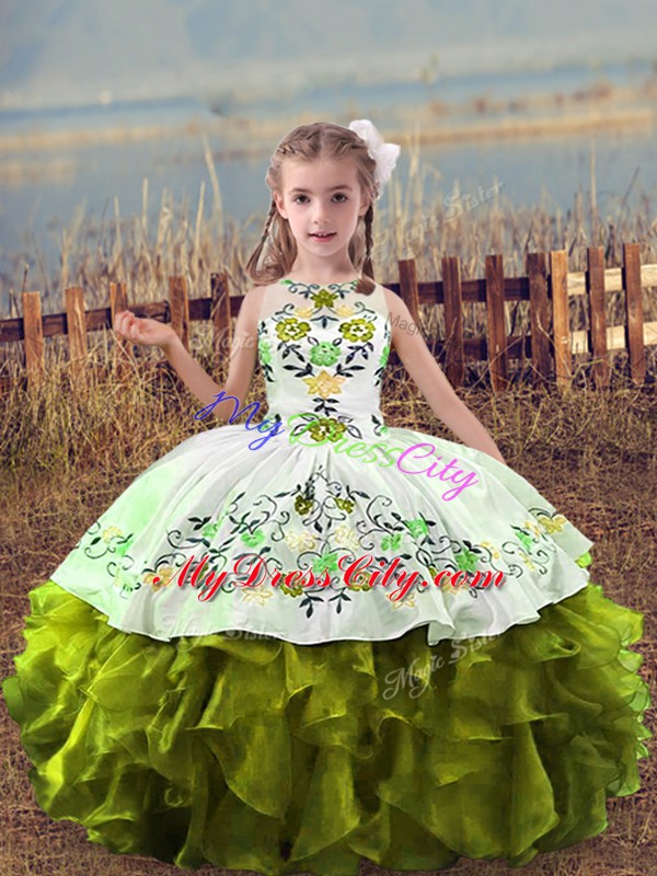 Olive Green Sleeveless Organza Lace Up Child Pageant Dress for Wedding Party