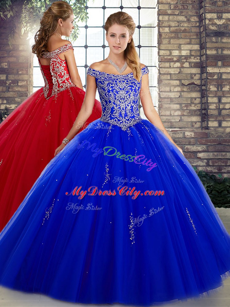 Floor Length Royal Blue Sweet 16 Dress Tulle Sleeveless Beading