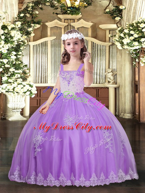 Floor Length Lavender Kids Formal Wear Tulle Sleeveless Appliques