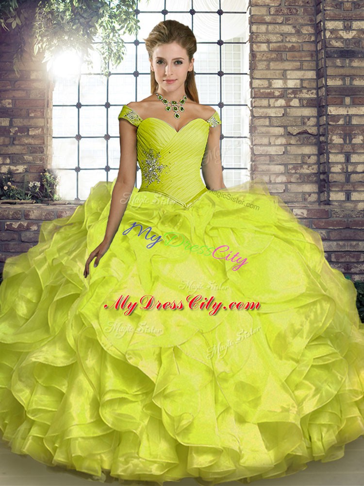 Yellow Organza Lace Up Quince Ball Gowns Sleeveless Floor Length Beading and Ruffles