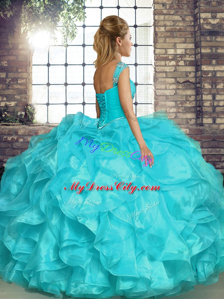 Yellow Organza Lace Up Quince Ball Gowns Sleeveless Floor Length Beading and Ruffles