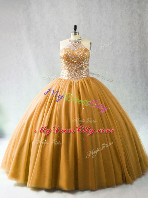Gold Halter Top Lace Up Beading Quinceanera Dress Brush Train Sleeveless