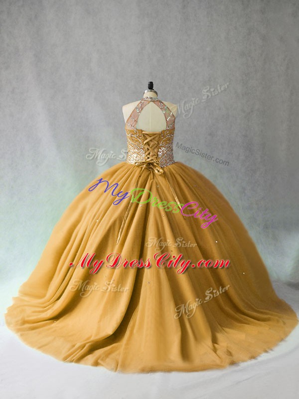 Gold Halter Top Lace Up Beading Quinceanera Dress Brush Train Sleeveless