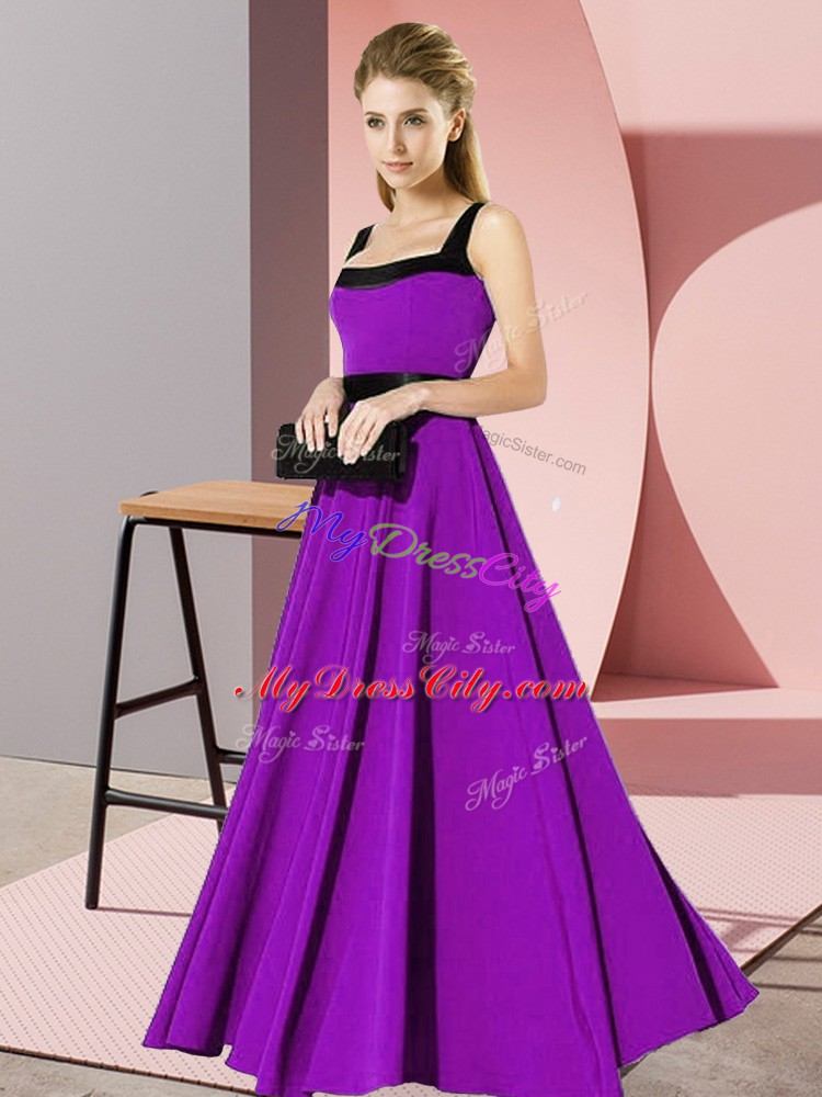 Stunning Purple Sleeveless Belt Floor Length Bridesmaid Gown