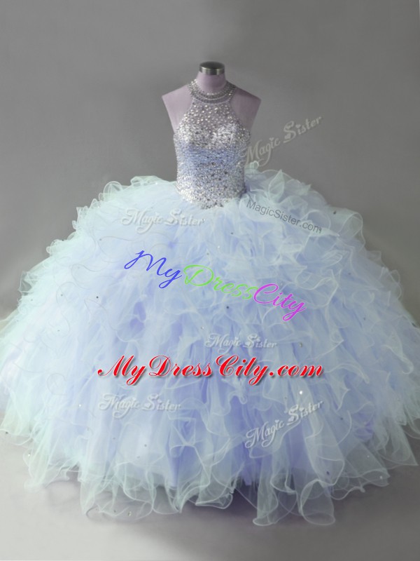 Tulle Halter Top Sleeveless Lace Up Beading and Ruffles Quinceanera Gown in Lavender