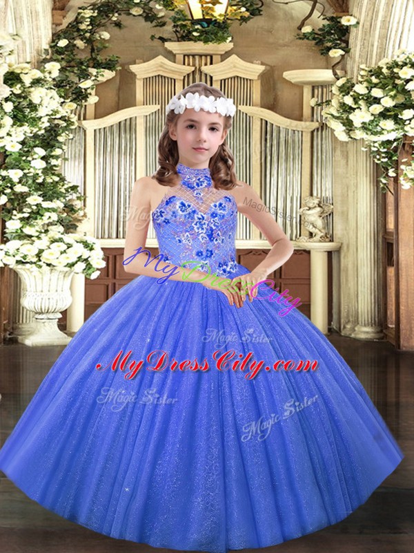Low Price Halter Top Sleeveless Lace Up Pageant Gowns Blue Tulle