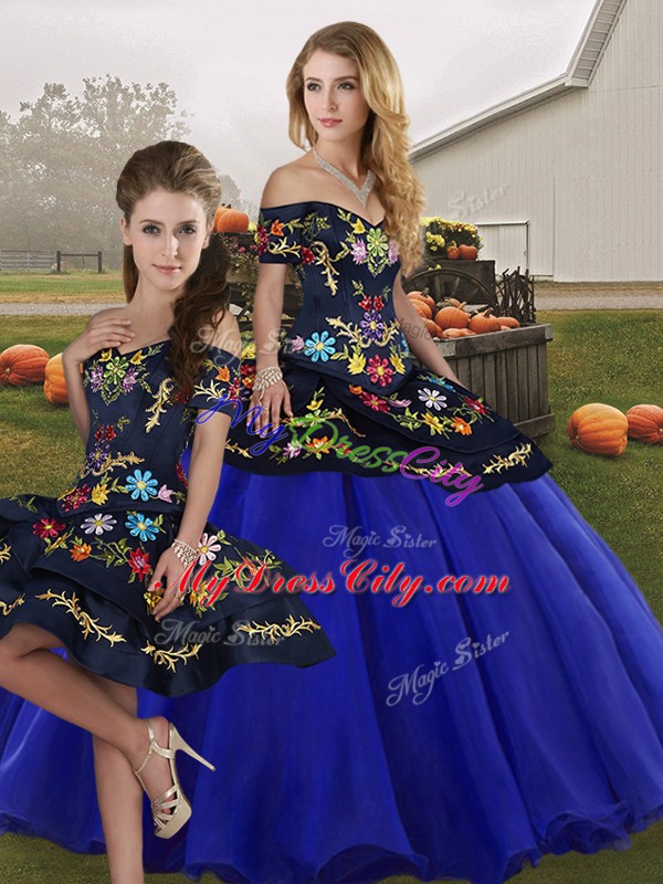 Off The Shoulder Sleeveless Quince Ball Gowns Floor Length Embroidery Royal Blue Tulle