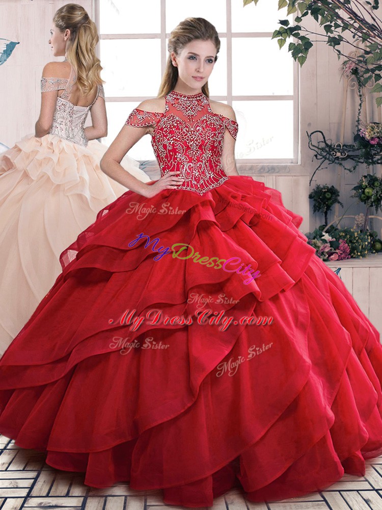 Two Pieces Vestidos de Quinceanera Red Halter Top Organza Lace Up