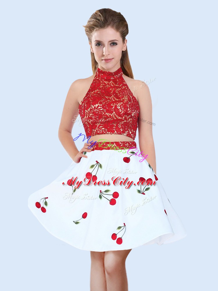 Admirable Mini Length Lace Up Wedding Party Dress White And Red for Wedding Party with Lace and Pattern