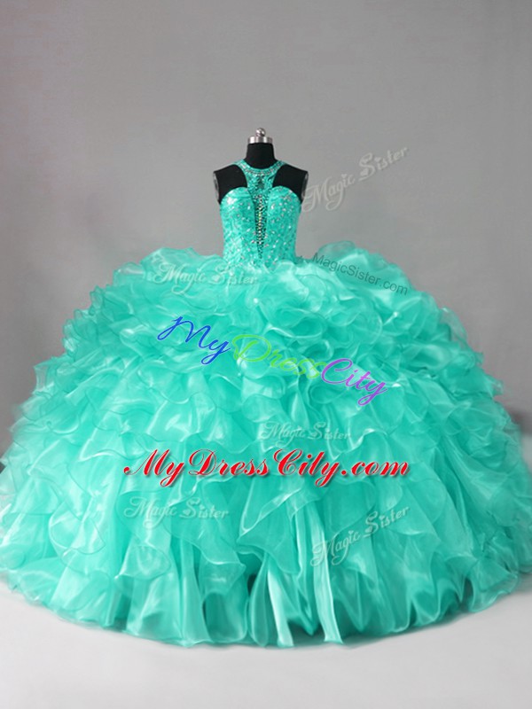 Free and Easy Aqua Blue Quinceanera Gowns Sweet 16 and Quinceanera with Beading and Ruffles Halter Top Sleeveless Brush Train Zipper