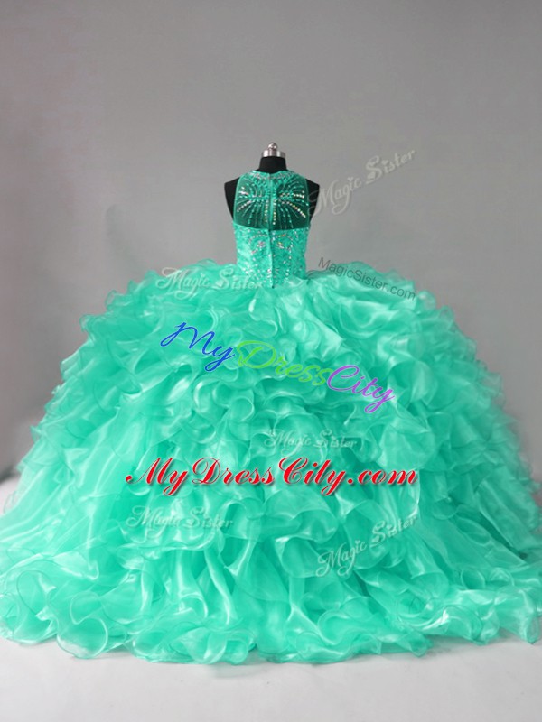 Free and Easy Aqua Blue Quinceanera Gowns Sweet 16 and Quinceanera with Beading and Ruffles Halter Top Sleeveless Brush Train Zipper
