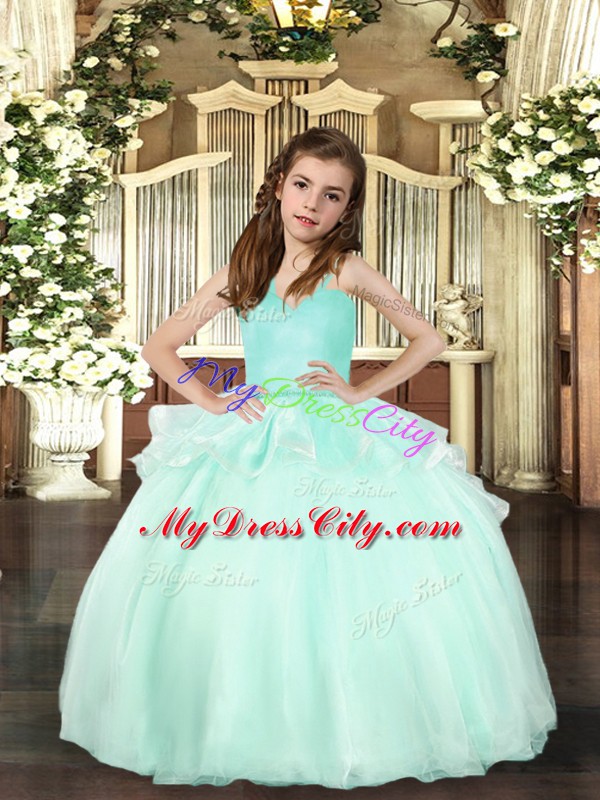Floor Length Lace Up Pageant Dress Aqua Blue for Party and Sweet 16 and Wedding Party with Beading