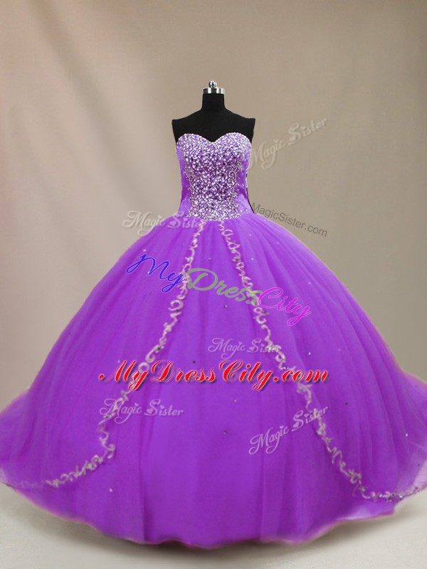 Court Train Ball Gowns Quinceanera Gown Purple Sweetheart Tulle Sleeveless Lace Up