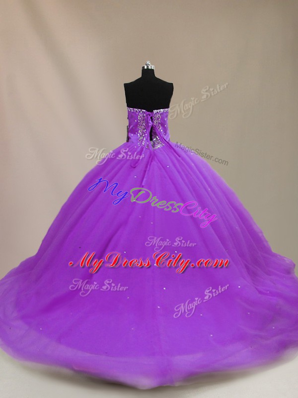 Court Train Ball Gowns Quinceanera Gown Purple Sweetheart Tulle Sleeveless Lace Up