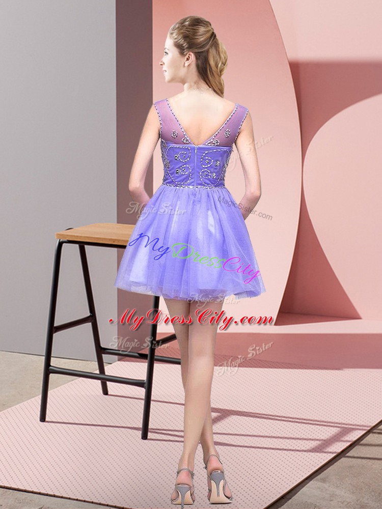 Sexy Lavender Tulle Zipper Dress Like A Star Sleeveless Mini Length Beading