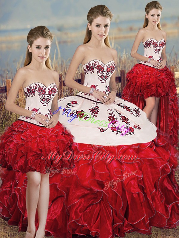 Glittering Floor Length Ball Gowns Sleeveless White And Red Sweet 16 Quinceanera Dress Lace Up