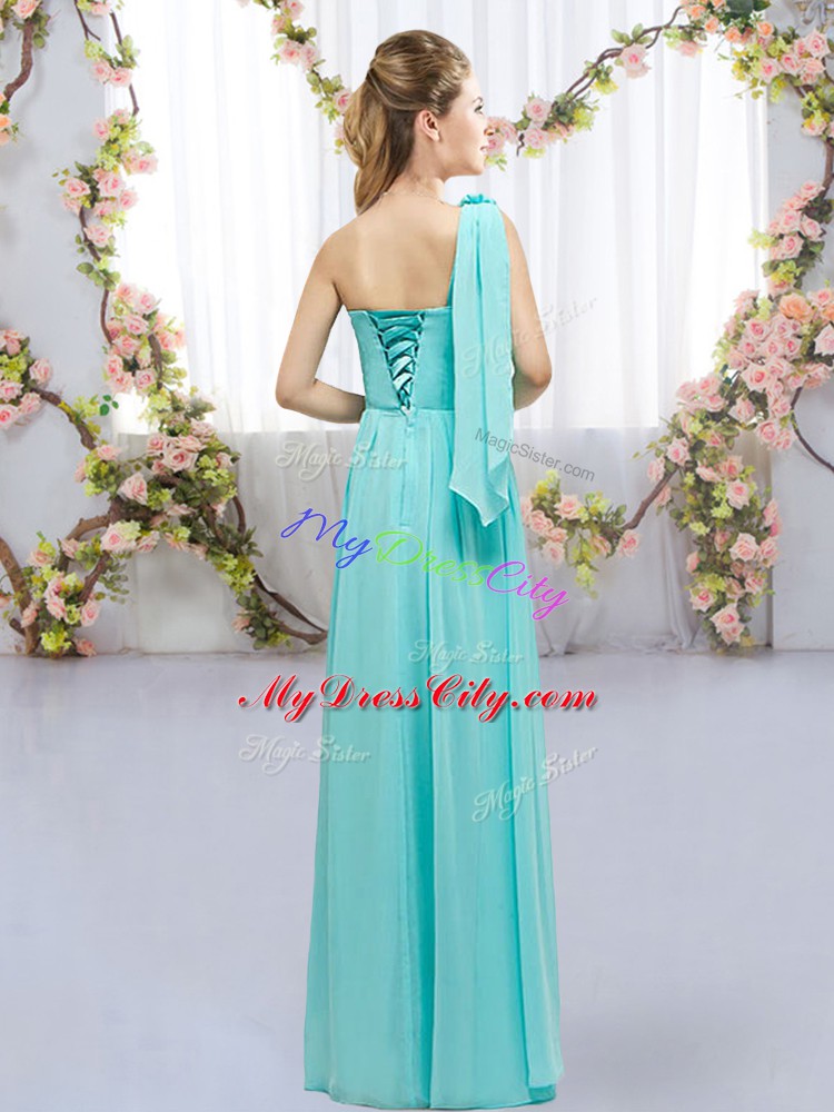 Fashion Sleeveless Chiffon Floor Length Lace Up Bridesmaids Dress in Turquoise with Hand Made Flower