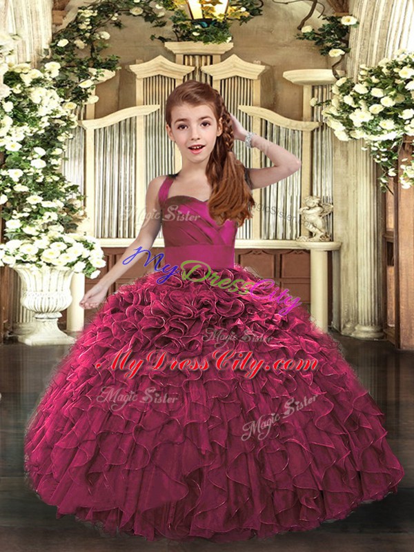 High Class Organza Straps Sleeveless Lace Up Ruffles Winning Pageant Gowns in Fuchsia
