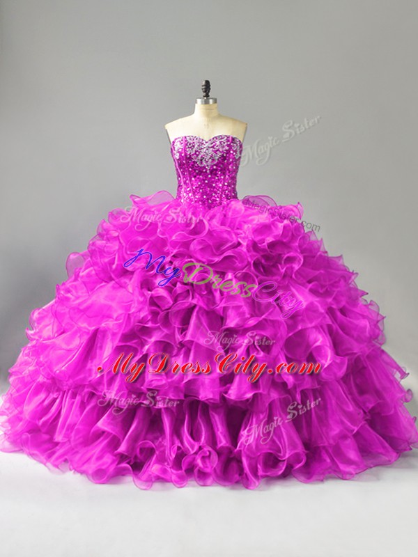 Purple Sweetheart Neckline Beading and Ruffles and Sequins Quinceanera Gowns Sleeveless Lace Up