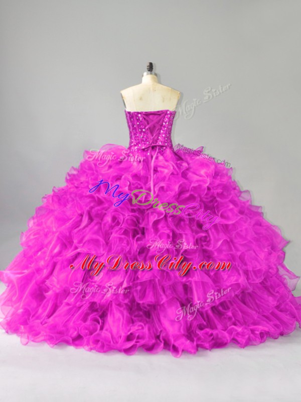 Purple Sweetheart Neckline Beading and Ruffles and Sequins Quinceanera Gowns Sleeveless Lace Up