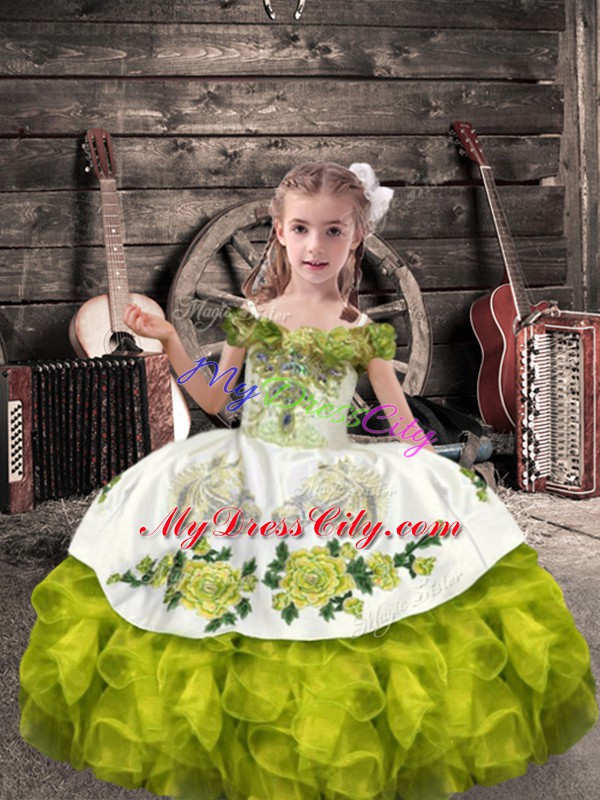 Off The Shoulder Sleeveless Kids Pageant Dress Floor Length Beading and Embroidery and Ruffles Olive Green Organza