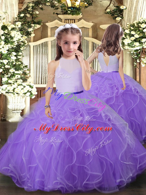 Affordable Floor Length Ball Gowns Sleeveless Lavender Pageant Gowns For Girls Backless