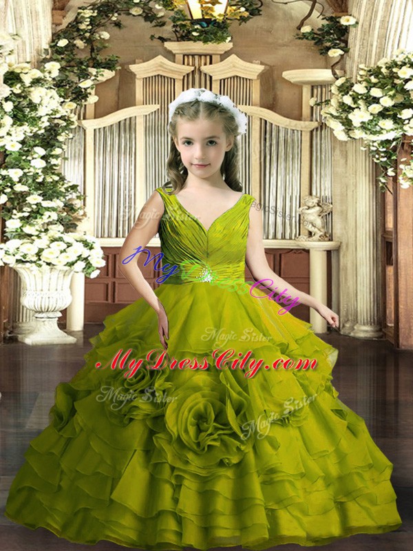 Charming Olive Green Organza Backless V-neck Sleeveless Floor Length Girls Pageant Dresses Beading