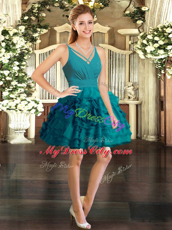 Teal Sleeveless Organza Backless Dress for Prom for Prom and Party